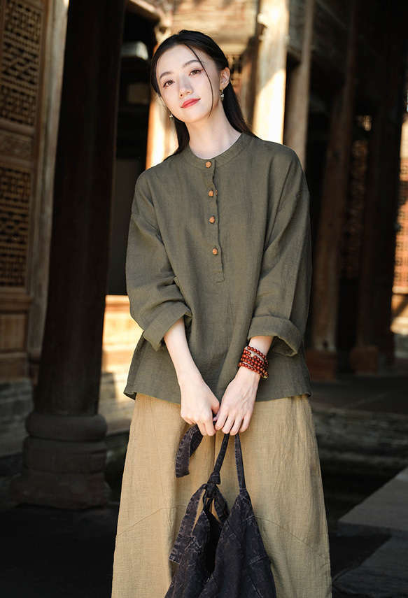 砂洗い亞麻Tシャツ #8263緑色 2枚目の画像