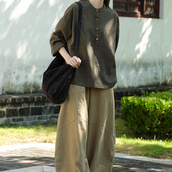 砂洗い亞麻Tシャツ #8263緑色 6枚目の画像