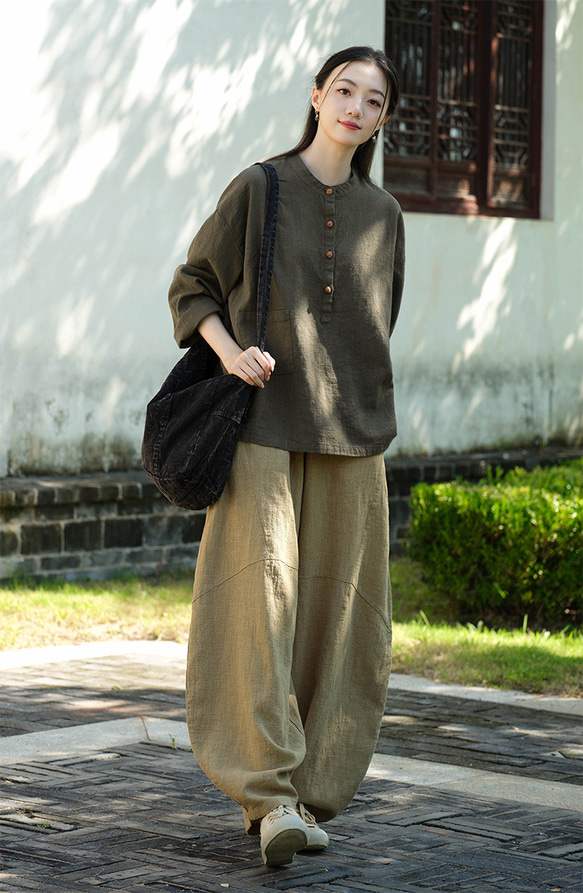 砂洗い亞麻Tシャツ #8263緑色 6枚目の画像