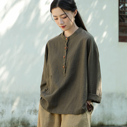 砂洗い亞麻Tシャツ #8263緑色 3枚目の画像