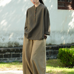 砂洗い亞麻Tシャツ #8263緑色 7枚目の画像