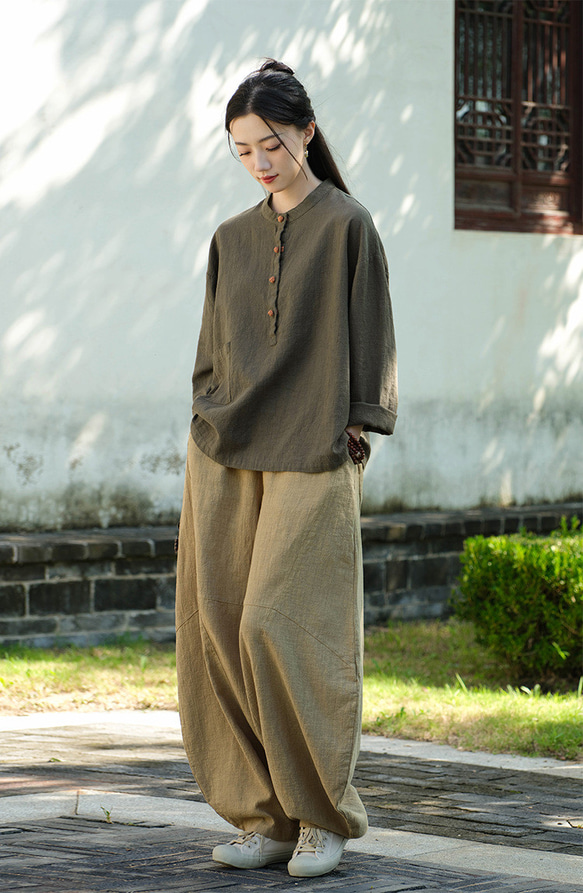 砂洗い亞麻Tシャツ #8263緑色 7枚目の画像