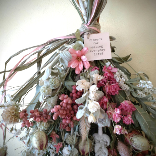 H約45cm♡ピーチピンクのラークスパーとピンクバラ♡小花いっぱい