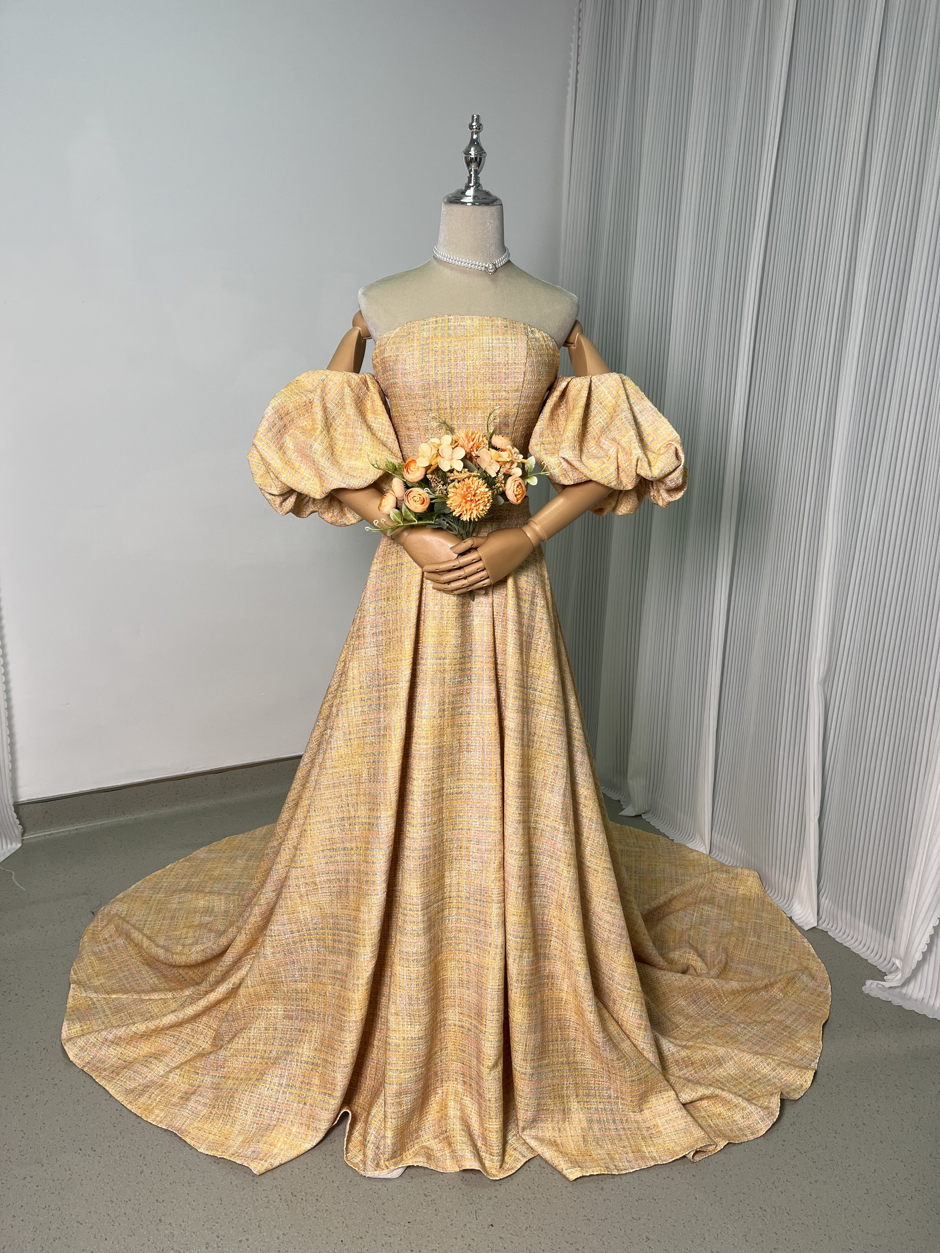 送料無料！人気上昇！カラードレス パーティードレス イエロー ツイードドレス パフスリーブ ファスナー ツーピース