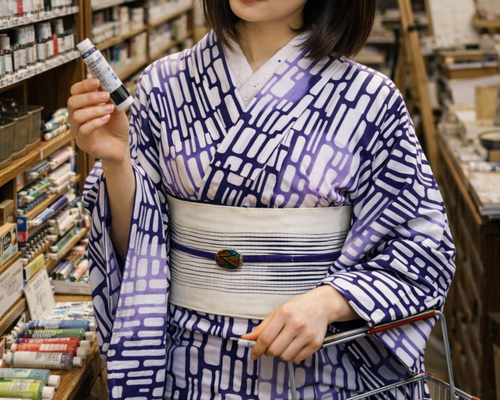 手染め注染 型染浴衣 【青 紫】 タイルアートのような注染ぼかしが