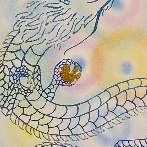 キラキラ輝く青龍アート（原画） /パステル /ラメ 絵画 shizuku