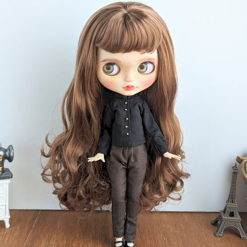 人気作家様　ドール服　パンツスーツ　ブライス　ヴィンテージリネン 1065※単品※サスペンダー付きブルーのパンツ※ブライスアウトフィット※1