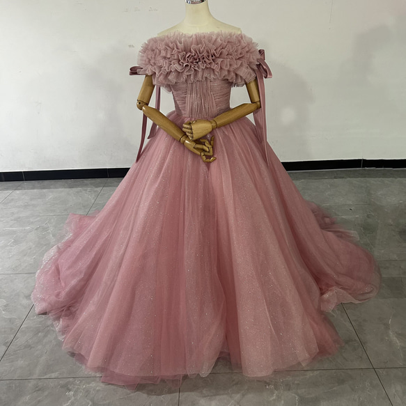 輝きな光彩を放つ ピンク紫 取り外しオフショルダー カラードレス  