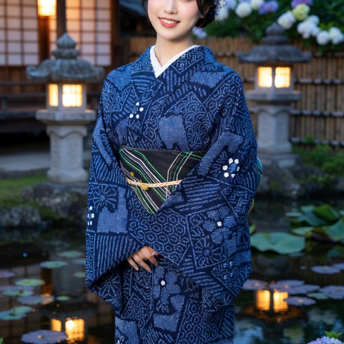 【新品未使用】有松絞り浴衣　水色　しつけ糸付き 有松絞り【浴衣】未使用 蝶 綿 夏着物 青緑 黄緑 ピンク 赤 碧色 098