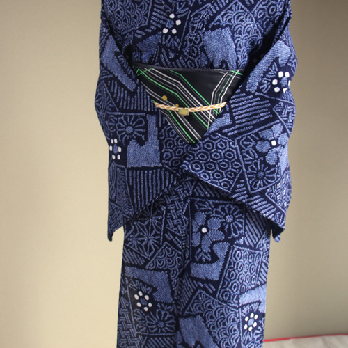 有松鳴海絞り 菊葉 手蜘蛛絞り 一部しつけ付き 濃紺ネイビー 洗い済 美品