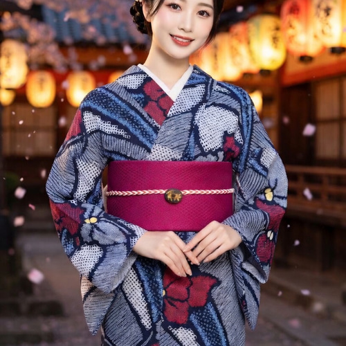 ◇現代 有松鳴海絞 浴衣◇【青紺朱黄】絶妙な蝶と縞の配置で着姿すらり