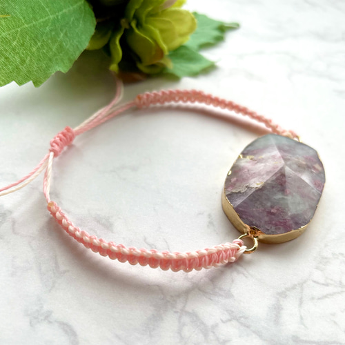 天然石　ピンクオパール　平編み　平結び　ワックスコード　ブレスレット 天然石 ピンクオパール 平編み 平結び ワックスコード ブレスレット