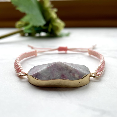 天然石　ピンクオパール　平編み　平結び　ワックスコード　ブレスレット 天然石 ピンクオパール 平編み 平結び ワックスコード