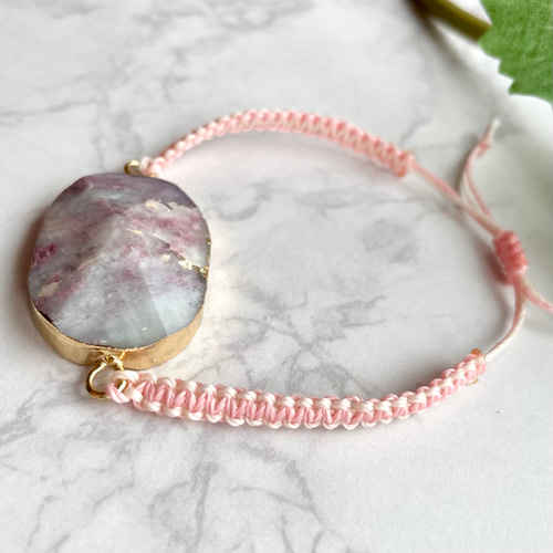 天然石　ピンクオパール　平編み　平結び　ワックスコード　ブレスレット 天然石 ピンクオパール 平編み 平結び ワックスコード ブレスレット