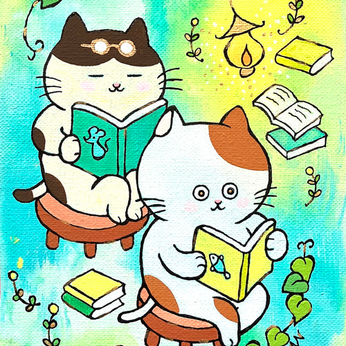 むっちとぽっちゃ夜長の読書」原画 キャンバスにアクリル、ペン