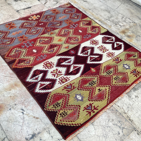 オールドキリム トルコ 手織り ヴィンテージ ラグ 115x94cm カーペット 