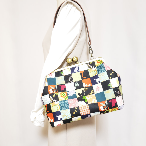 専用ページ　ハンドメイド　市松模様　バッグ 大玉ひねりが可愛い 3way がま口バッグ 黒猫 猫 市松模様 和柄