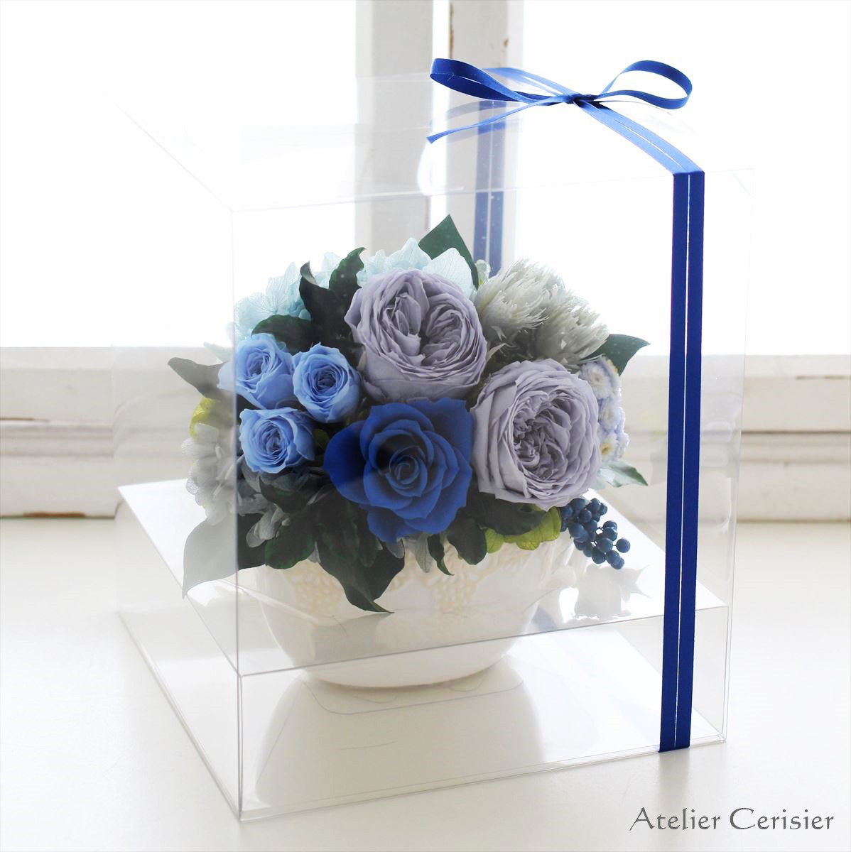 プリザーブドフラワー＜キャスポットレース＞グレイッシュブルー ローズ 【お祝い】