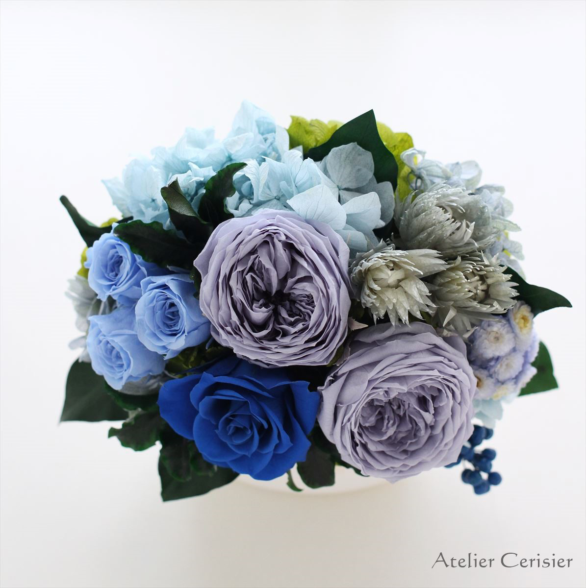 プリザーブドフラワー＜キャスポットレース＞グレイッシュブルー ローズ 【お祝い】
