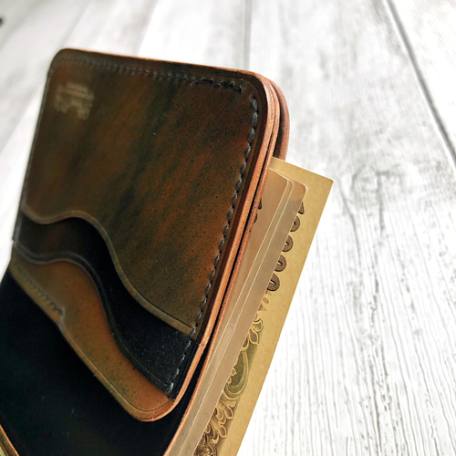 シェルコードバン マーブルグリーン 希少色 コンパクト財布 完成品 Horweenシェルコードバングリーン×マーブルブラック 二