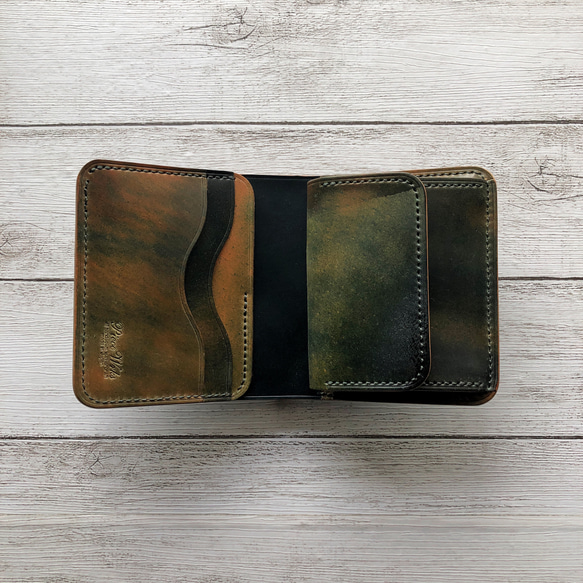 完成品 Horweenシェルコードバングリーン×マーブルブラック 二つ折り ミニウォレット 総手縫 3枚目の画像