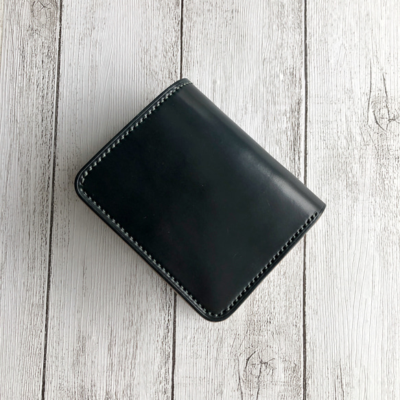 完成品 Horweenシェルコードバングリーン×マーブルブラック 二つ折り ミニウォレット 総手縫 19枚目の画像