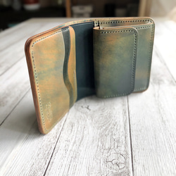 完成品 Horweenシェルコードバングリーン×マーブルブラック 二つ折り ミニウォレット 総手縫 6枚目の画像