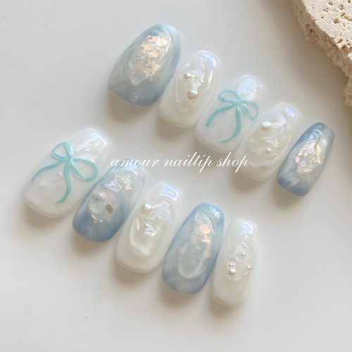 サイズオーダー♡パステルフラワーシェルフットネイルチップ ブルー  