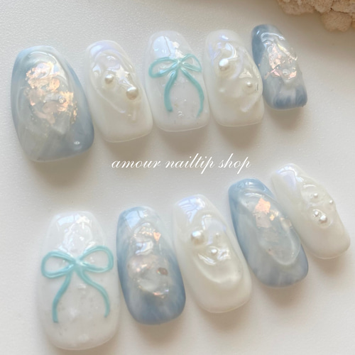 うるぷる✧︎*。アイスブルーネイルチップ【再販】リボン パール 水色