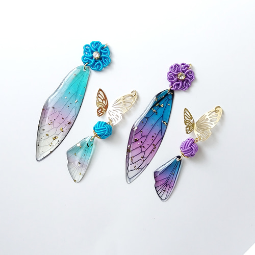 揚羽・青】蝶の羽根と水引のアシンメトリーピアス イヤリング 和風 
