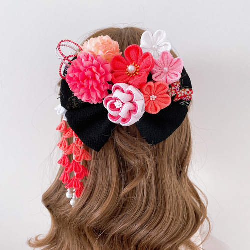 つまみ細工リボン髪飾り ピンク 赤 白 七五三 成人式 浴衣 結婚式