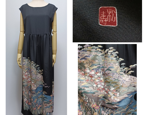 はなちゃん　　着物留袖リメイク　ノースリーブワンピース　LL 着物リメイク 留袖 落款有り M～L ウエスト切り替え ノースリーブ