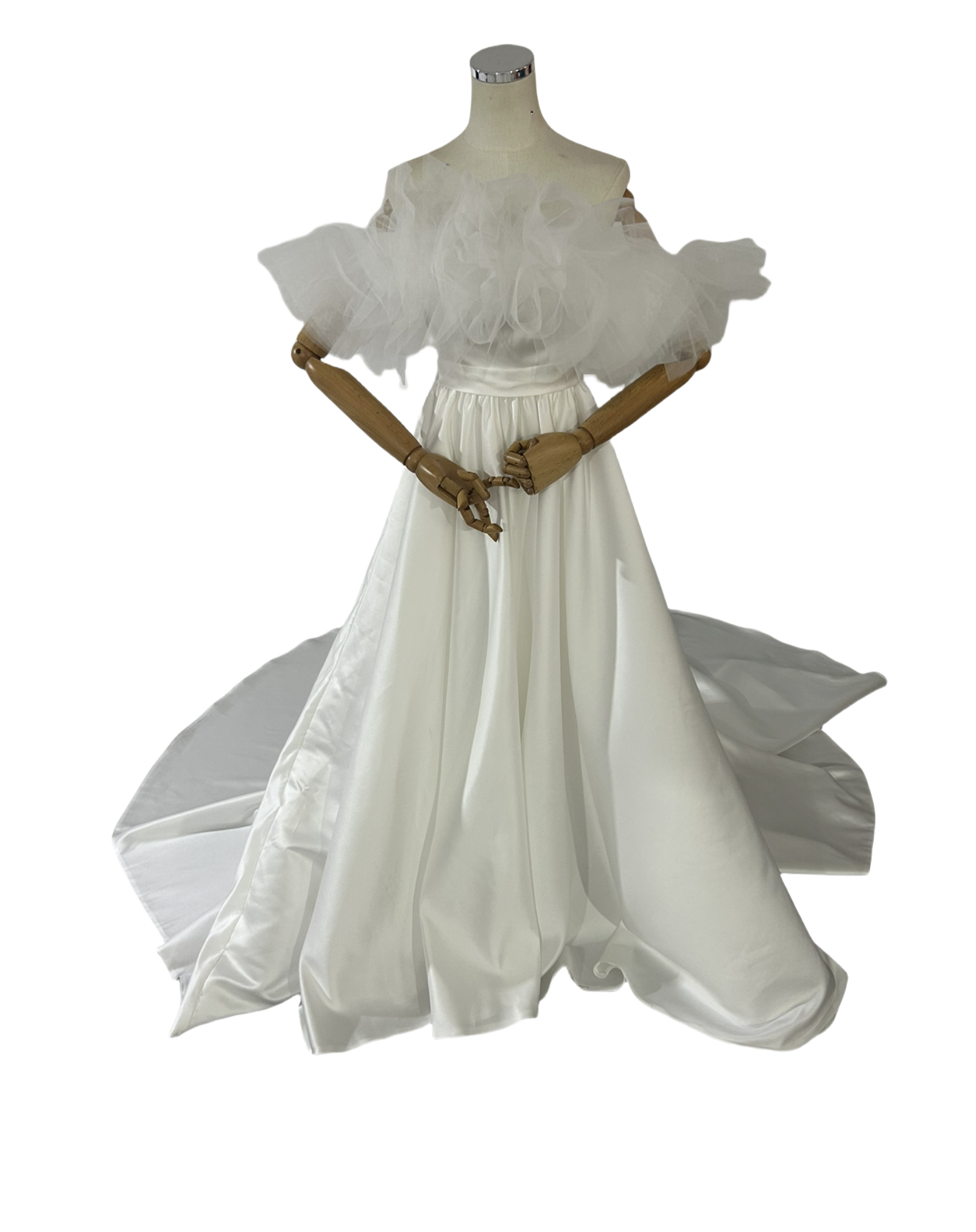 ウェディングドレス オフショルダー 光沢サテン Aライン 優しい ふわふわ 結婚式