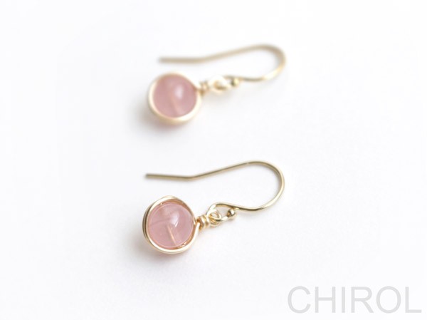 シンプル ローズクォーツ ピアス/ 14kgf