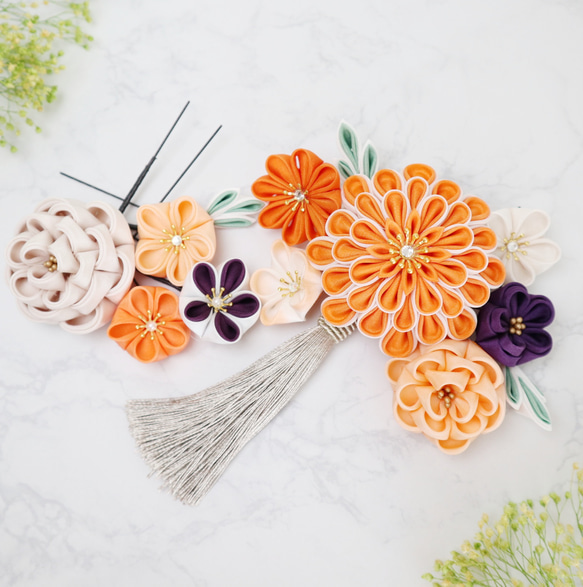 つまみ細工髪飾り 絹ダリアと乙女椿のセット オレンジ、アイボリー、紫  