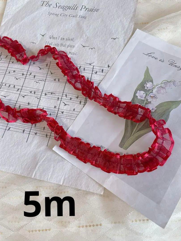 フリル女の子パネル生地　ハンドメイド B343 レッド色両山オーガンジー生地フリルレース 手芸用品 レース