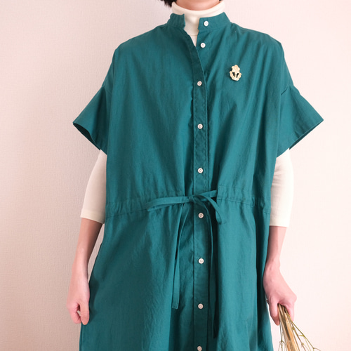 秋までOK」シャツワンピース 腰紐でギャザー調整可能 選べるブローチ