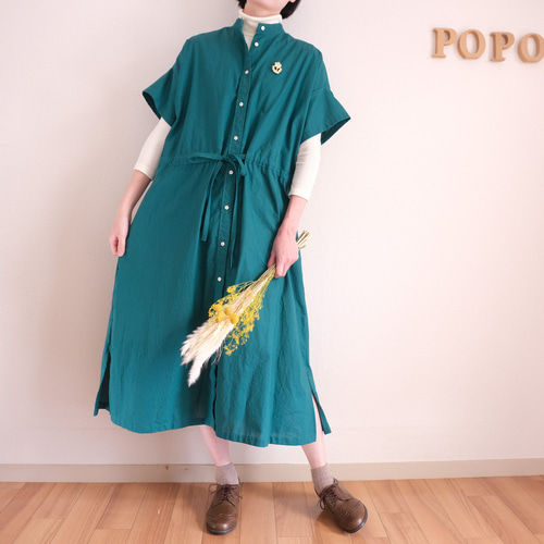 秋までOK」シャツワンピース 腰紐でギャザー調整可能 選べるブローチ