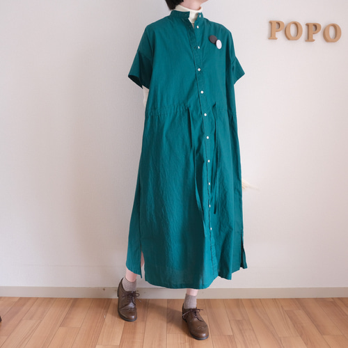 秋までOK」シャツワンピース 腰紐でギャザー調整可能 選べるブローチ