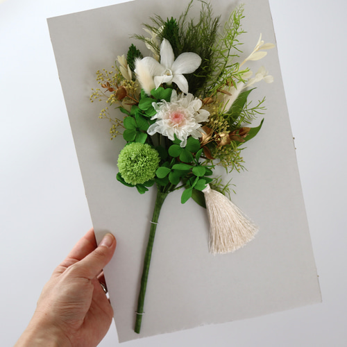 大きめ/白グリーン/器なし】お仏壇にお供えするプリザーブドフラワー仏