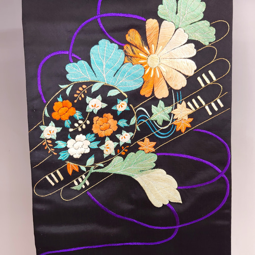 アンティーク 名古屋帯 刺繍 翁 扇子 着物 黒地 034w