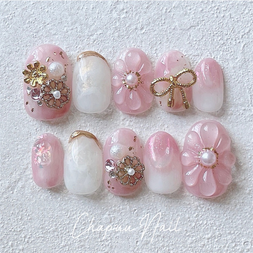 オーダーネイルチップ ニュアンスぷっくりフラワー成人式振袖袴結婚式