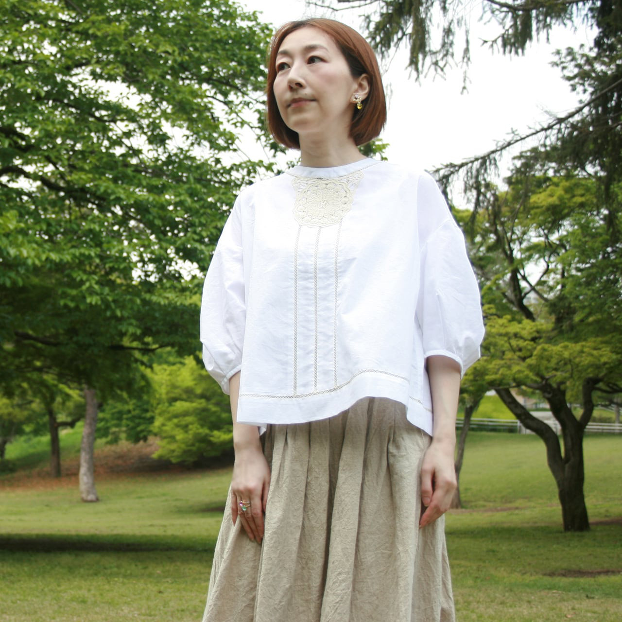 スーペリア・オーガニックコットン・ローン　風通るレースブラウス BL-397