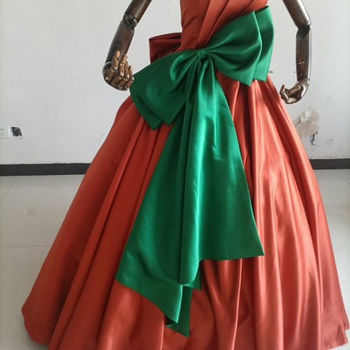 豪華！テラコッタ色 グリーン ベアトップ ふっくら柔らかなリボン  