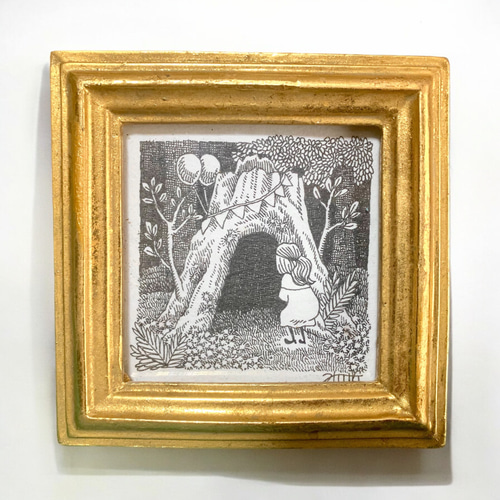 ミニ原画】「森の入り口」ペン画 森の風景画 モノクロ 絵画 ソラノ｜森