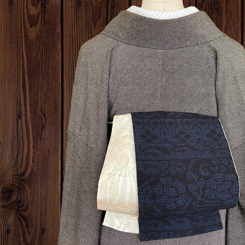 *着物反物* 大島紬　大人の兵児帯　半幅帯　長尺462cm　ハンドメイド 着物反物* 塩沢紬と伊吹間道 大人の兵児帯 半幅帯 長尺465