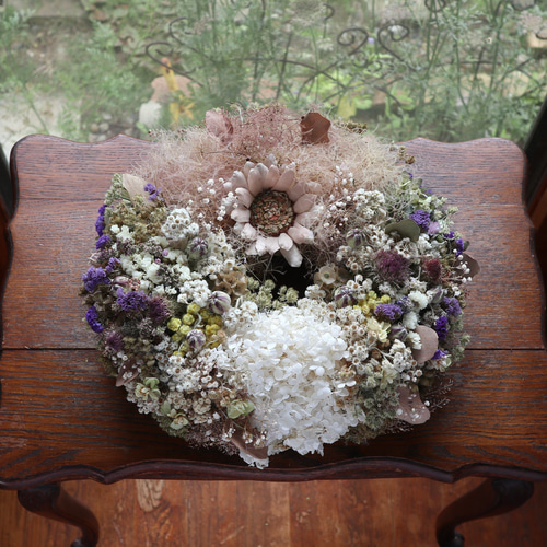 スモークツリーと紫陽花のナチュラルリース スモークツリーと紫陽花のナチュラルリース おうちで作るワーク