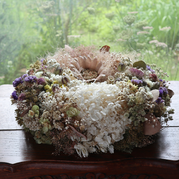 34cm) 布花の向日葵とドライフラワーの淡いアンティークカラーのリース 