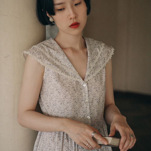 レトロ花柄二層レースVネック花柄ドレスサマーノースリーブスカート