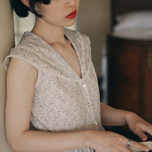 レトロ花柄二層レースVネック花柄ドレスサマーノースリーブスカート